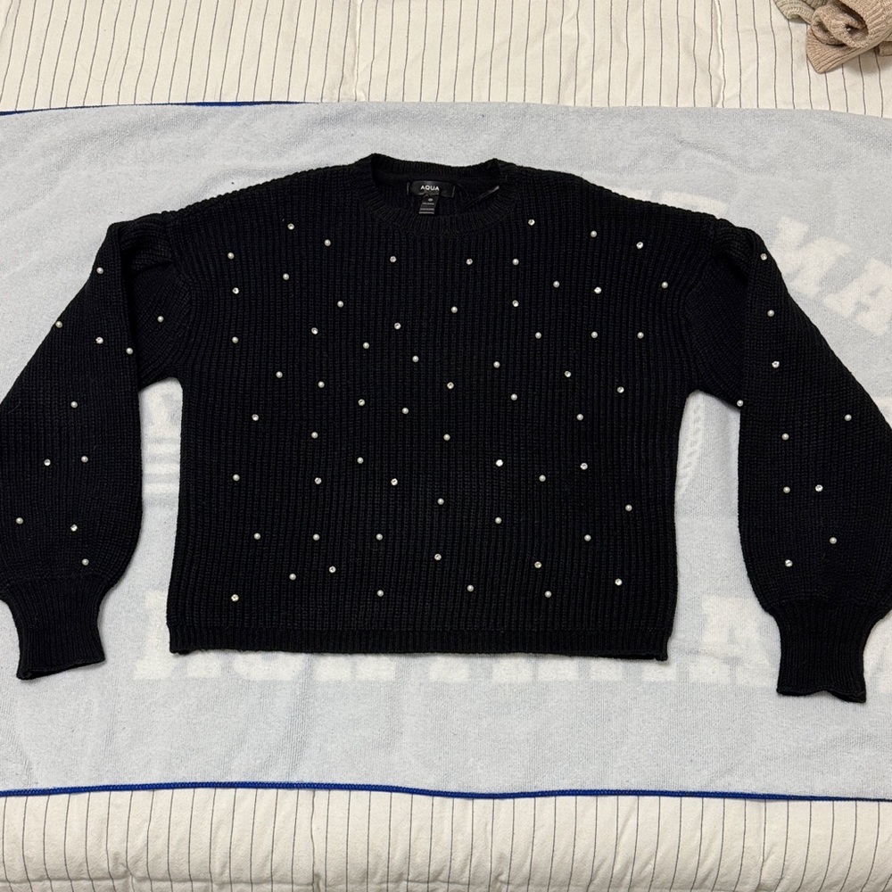 Aqua Black Sweater with Crystals and Pearls